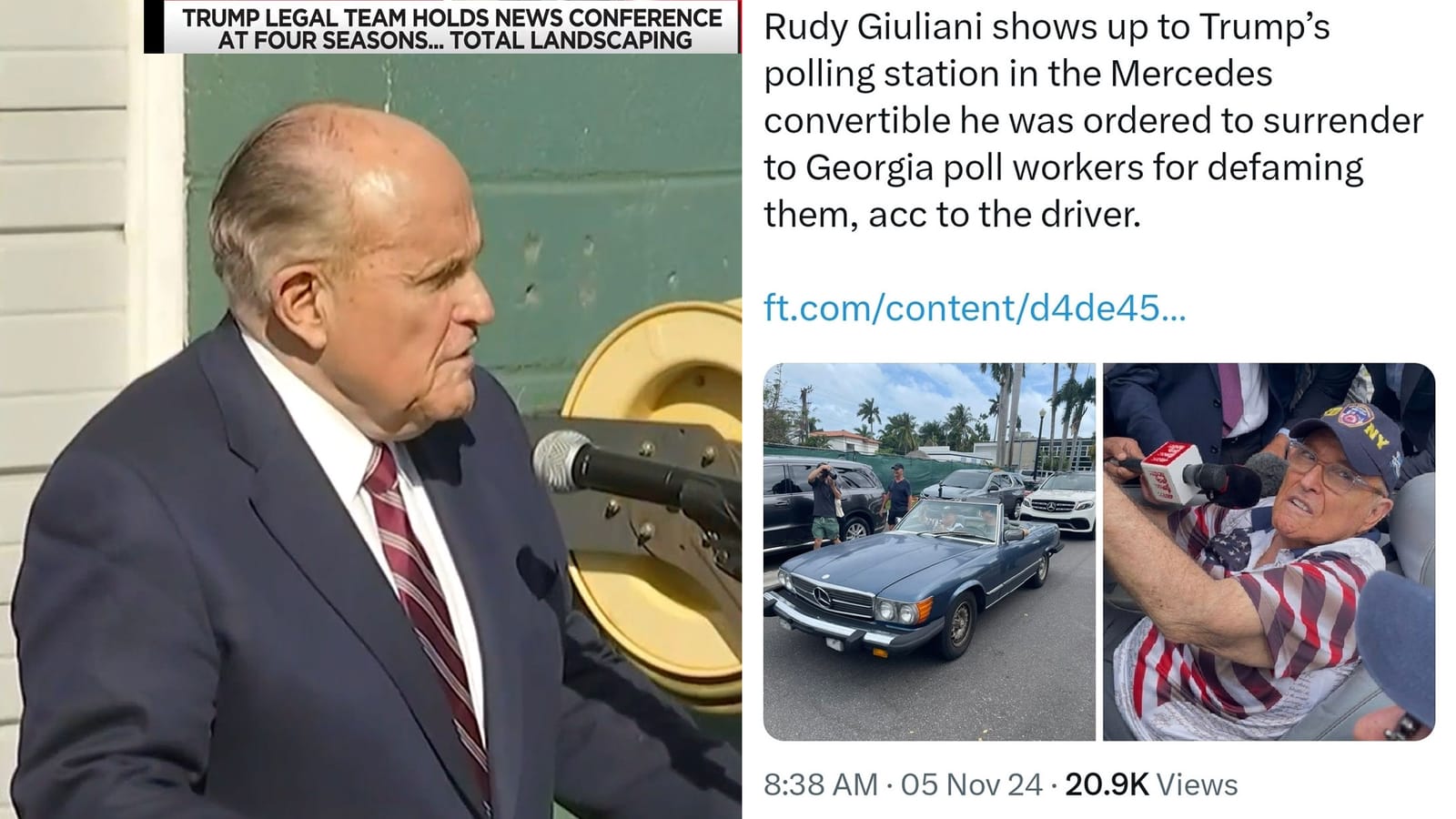 2020 (YouTube screen grab) and 2024 (Twitter) images of Rudy Giuliani; in the latter, he turned up to vote in Florida in a stolen car, wearing nonsensical MAGA gear